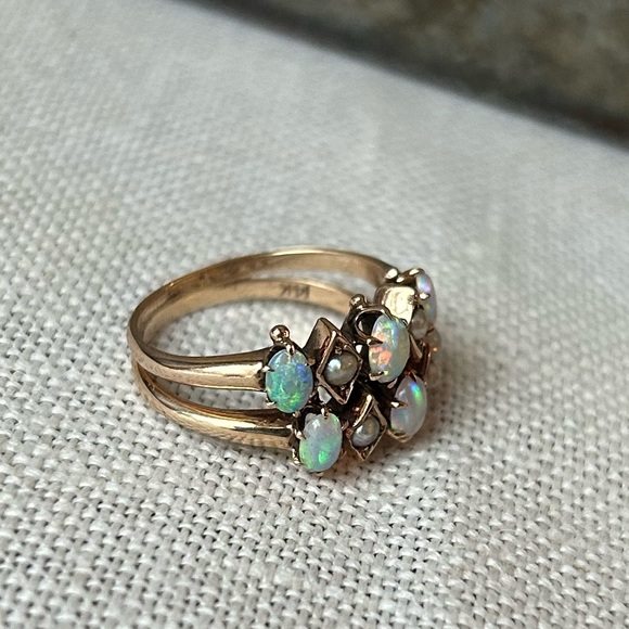 Antique 14K Seed Pearl & Opal Double Ring - Picture 2 of 8